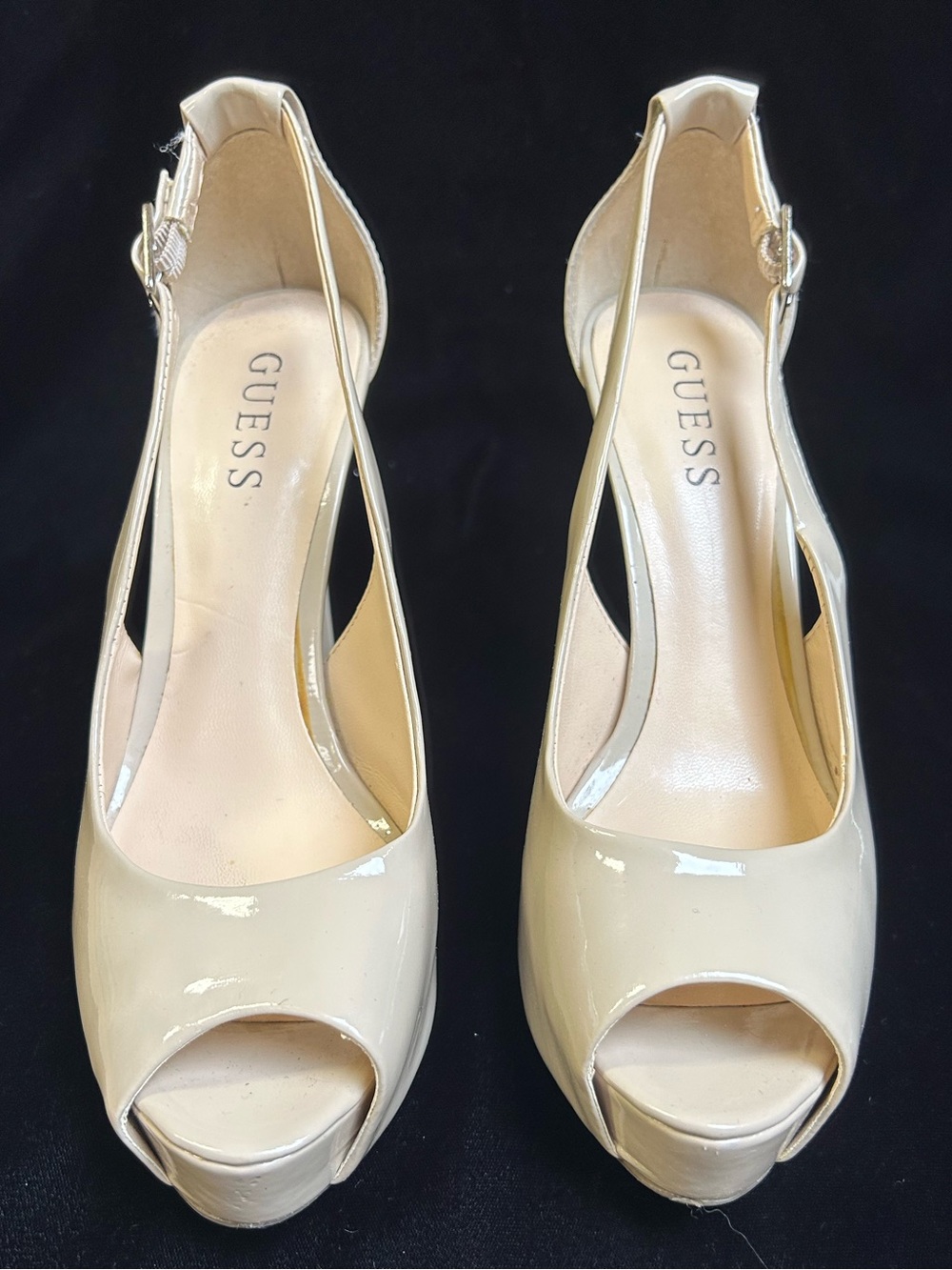 GUESS Cream Patent Leather Peep Toe Platform Stiletto Heels Ankle Strap Size 7.5